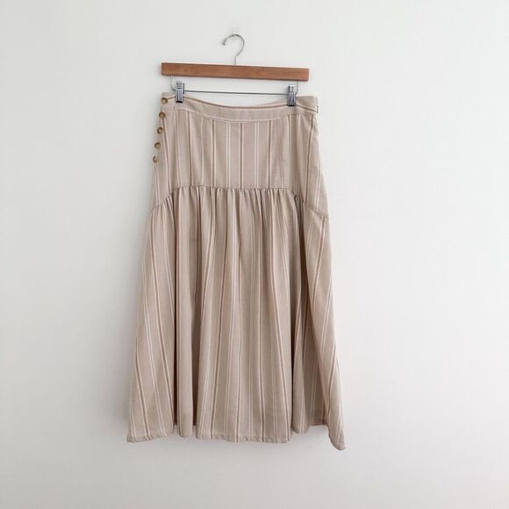 NWT Anthropologie Neutral Stripe Gathered Midi Skirt Side Button Detail Size 12